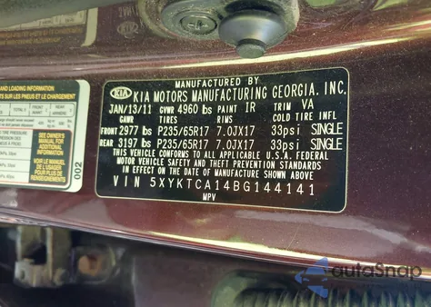 2011 Kia Sorento Lx z USA, uszkodzony, nr VIN 5XYKTCA14BG144141